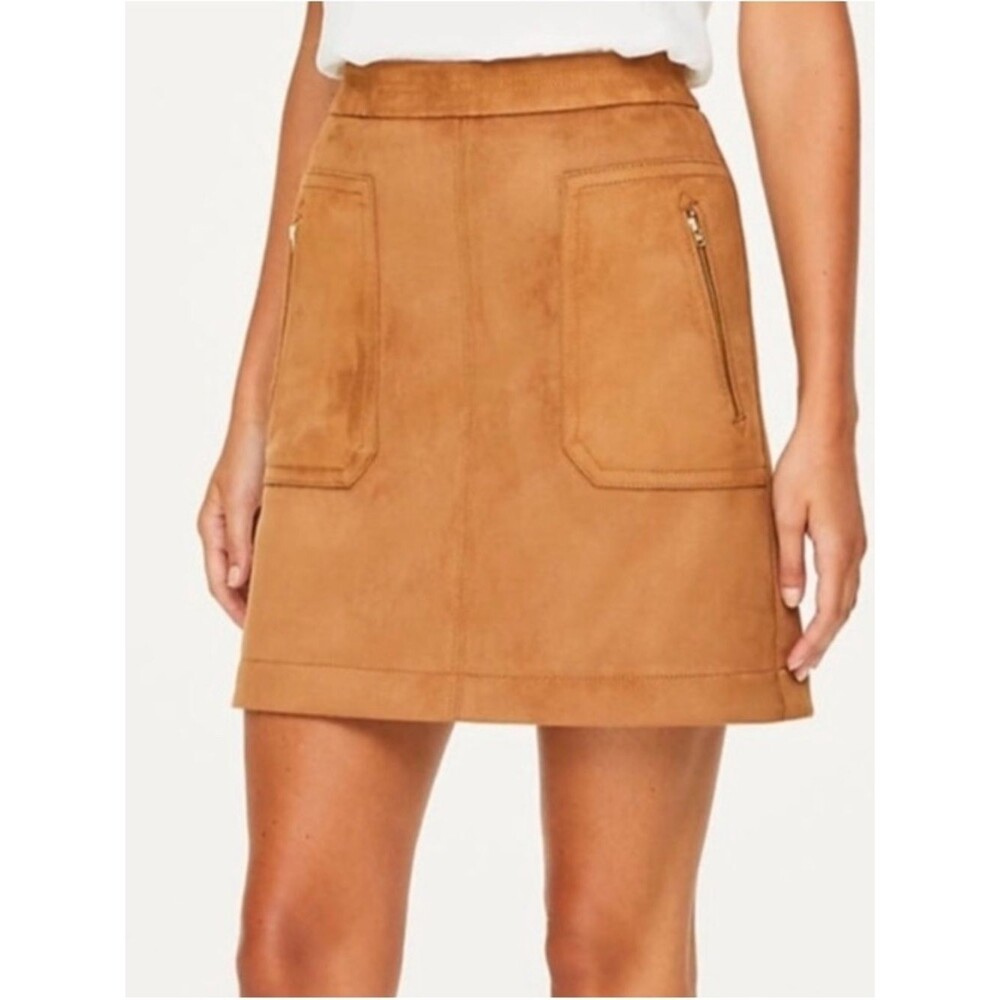 Loft Camel Suede Mini Skirt Gold Zip Pockets XS Autumn Western Boho Preppy